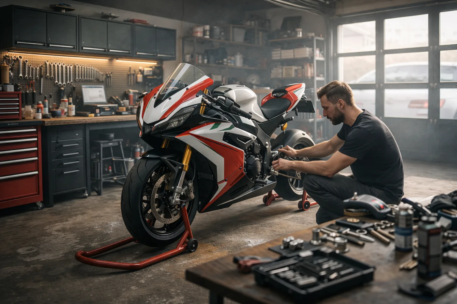 Motor in garage met onderhoudswerkzaamheden